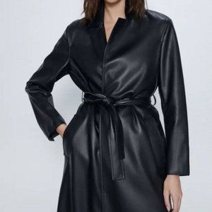 NWT Zara Black Faux Leather Trench Coat Sz XS